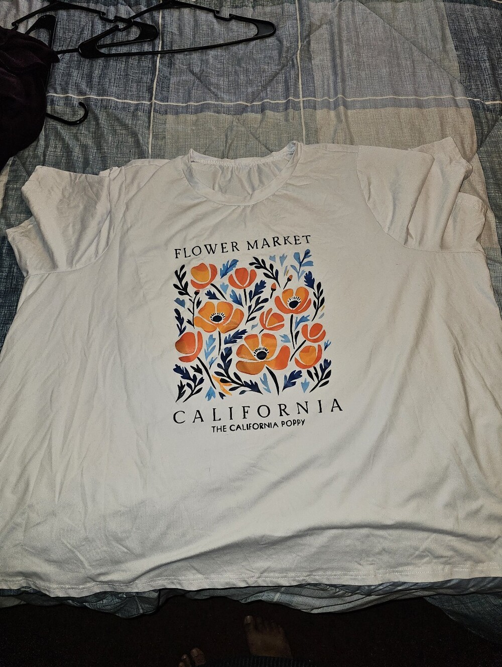 SHEIN White Tee with Orange and Blue Floral Graphic